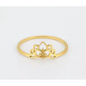 18k Over Silver Lotus Flower Ring Gold Minimalist‎ Stacking Band Women's Jewelry